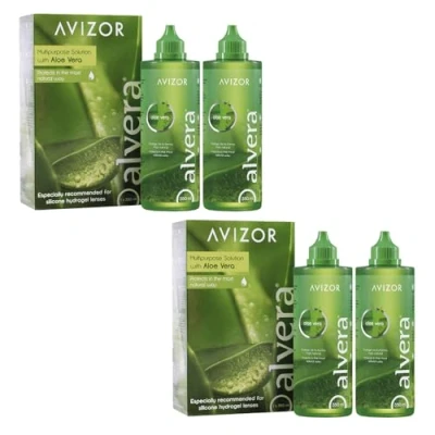 Image de AVIZOR ALVERA PACK 4X350 ml Solution à l&#039;Aloe Vera pour Nettoyage et Désinfection des Lentilles de Contact Protection Naturelle Convient Tous les Types Souples