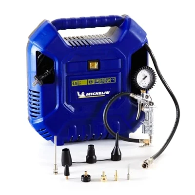 Image de MICHELIN MB1 Compresseur d&#039;Air Portable, Sans Huile avec Tuyau de 1 m, Pistolet Gonflage Manomètre et 6 Buses, Pression Max. 8 Bar, Puissance 1.5 CV