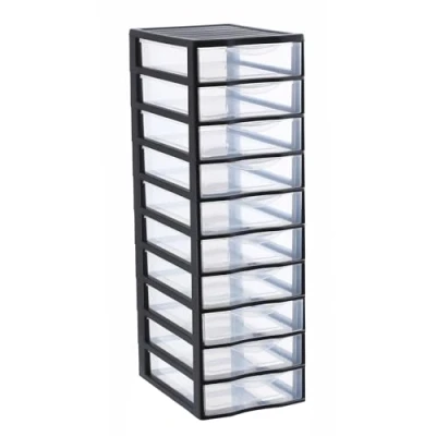 Image de SUNDIS Orgamix, tour de rangement en plastique noir, 10 tiroirs transparents format papier A4, hauteur 81,5 cm, idéale bureau, cours, documents, fournitures, accessoires