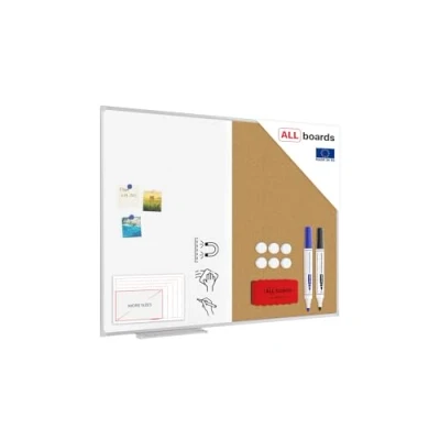 Image de ALLboards Tableau Combi 2 en 1, Blanc Magnétique Effaçable à Sec et Liège avec Cadre Aluminium 120x90cm, Whiteboard d&#039;Affichage