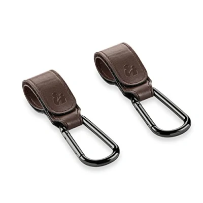Image de hauck Lot (2 Pièces) Crochet Poussette, Attache Sac a Langer Poussette Style Cuir, Clips Mousqueton, Compatibilité Universelle, Multifonction Brown