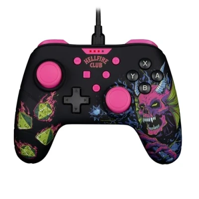 Image de Konix Stranger Things Manette filaire pour Nintendo Switch, Switch OLED et PC Fonction vibration Câble 3 m Noir rose