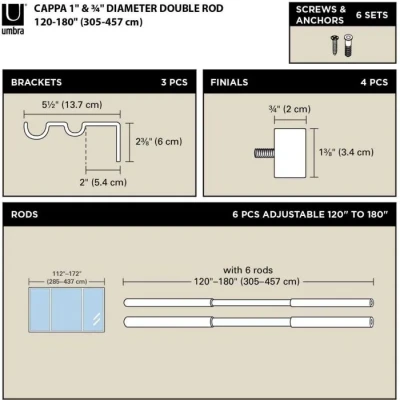Image de Umbra Cappa Double Tringle À Rideaux Extensible, 2,5cm, 305 457cm, 4 Embouts, Supports Muraux et Matériel De Fixation Inclus, Acier, Noir Brossé