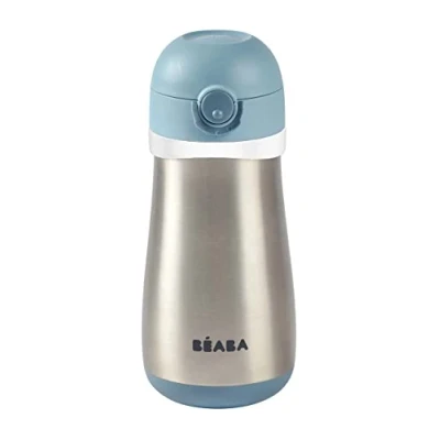 Image de Béaba, Gourde Inox Enfant 2 en 1, Fonction Gourde/Verre, Bouton Push por faciliter l&#039;ouverture, Solide, Sain, Poignées amovibles, Maintien du Froid/Chaud, Bleu Venteux, 350 ml