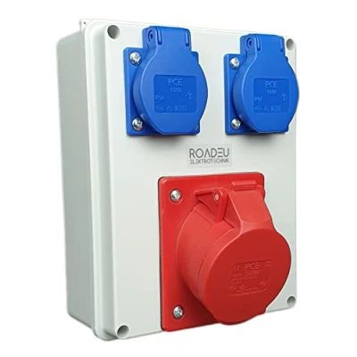 Image de RoadEu Prise Industrielle Saillie Fixe CEE 16A avec 2 prises 2P+E de Courant 3P+N+T Répartiteur Coffret Chantier 5P IP44