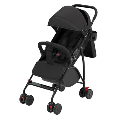 Image de Poussette Canne Bébé Ultra Légère, Compacte, Pliable et Inclinable de la Naissance à 25 kg, avec Système Trolley, Housse Pluie Incluse, CapoteExtensible C noir