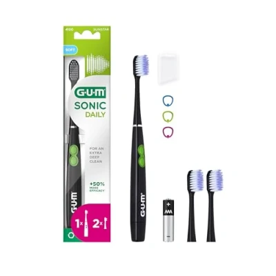 Image de GUM SONIC DAILY brosse à dents sonique électrique piles Pour un nettoyage en douceur et profondeur 1x dents, 2x têtes de rechange, pile AAA (Noir)