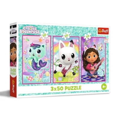 Image de Trefl Puzzle 3 en 1 : Gabby&#039;s Dollhouse, Faites Connaissance de Gabby et des Chats x 50 Pièces, Ensemble Trois Puzzles pour Les Enfants à partir 4 Ans