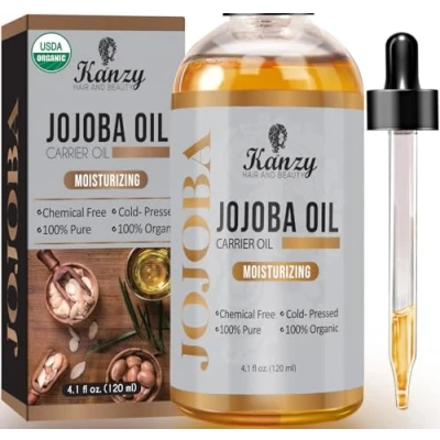 Image de huile de jojoba biologique Kanzy, pressée à froid 100% pure 120 ml, support non raffinée sans hexane pour cheveux, ongles, corps, peau et visage, certifiée