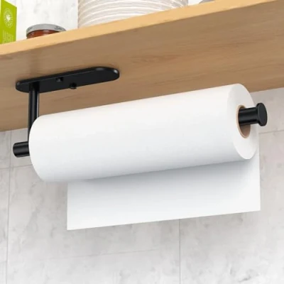 Image de Porte Sopalin Mural Support Essuie Tout, Rouleau de Cuisine Auto Adhésif ou Trou Percé Double Usage pour Armoire Salle Bain, Noir