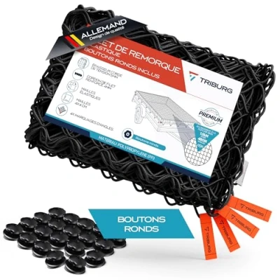Image de TRIBURG Filet de remorque élastique pour remorques 1 x 2 m à 3 Maille étroite avec corde en caoutchouc [noir/extensible] (élastique 20 boutons ronds, vis/écrous)