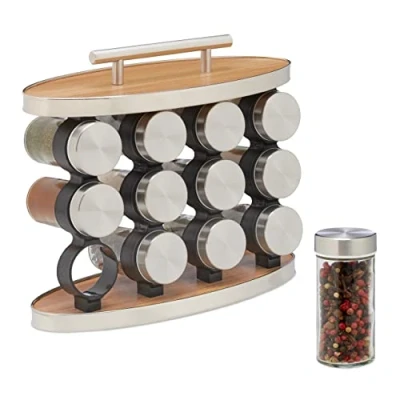 Image de Relaxdays Lot de 12 Pots à épices avec Support, Embouts tamiseur, poignée, Non Fixe, Aspect Bois, Nature et argenté