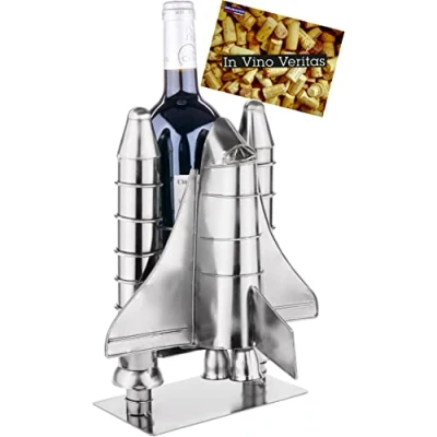 Image de BRUBAKER Porte Bouteille de vin Lancement Fusée Figurine en Métal Sculpture Navette Spatiale Argent Cadeau pour Les Fans l&#039;espace avec Carte Vœux