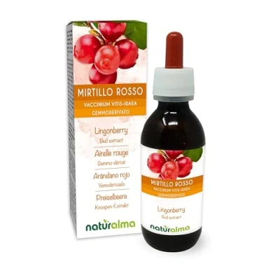 Image de Airelle rouge (Vaccinium vitis idaea) Gemmo dérivé sans alcool à base de bourgeons frais Naturalma Extrait liquide gouttes 120 ml Complément alimentaire Végétalien ou végan