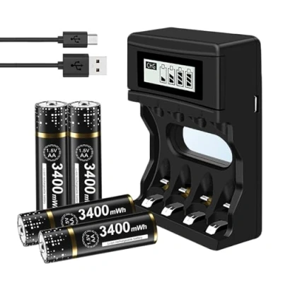 Image de 4 Piles Rechargeables AA 3000mWh avec Chargeur de Lithium, Slots Intelligent Haute capacité et AAA Indicateur LCD Micro USB