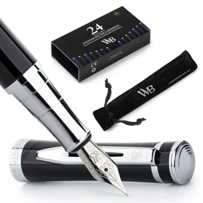 Image de Wordsworth &amp; Black Ensemble Stylo Plume, Pointe Moyenne, Comprend 24 Cartouches D&#039;encre, Convertisseur De Recharge D&#039;encre Et Pochette Cadeau, Finition Chromée, Calligraphie, [Chrome Noir]