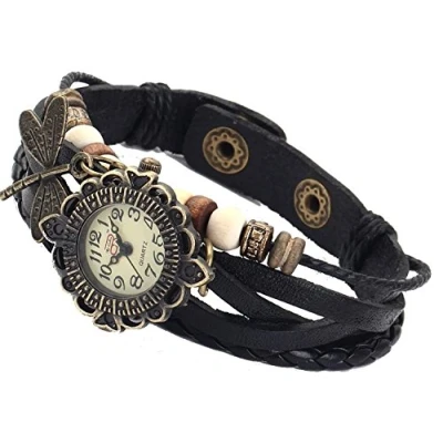 Image de Boolavard® TM Libellule Quartz Mode Weave enveloppante en Cuir Bracelet Femmes Montre