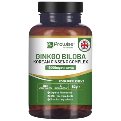 Image de Comprimés Ginkgo Biloba et ginseng coréen 8000mg 180 Végétaliens 6000 mg racine de 2000 Fabriqué au Royaume Uni par Prowise Healthcare