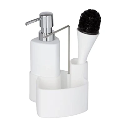 Image de WENKO Kit Vaisselle Empire, 4 en 1 Distributeur de Liquide Vaisselle, Brosse, Support à torchon &amp; Organiseur, céramique Haut Gamme avec Surface Douce, contenance 250ml, 11 x 19 12,5 cm, Blanc