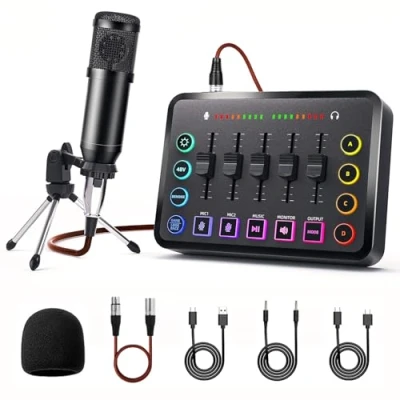 Image de LILUOSUO Ensemble d&#039;appareils de podcast, carte son diffusion en direct avec microphone à condensateur, adapté pour l&#039;enregistrement podcasts et la production vidéo