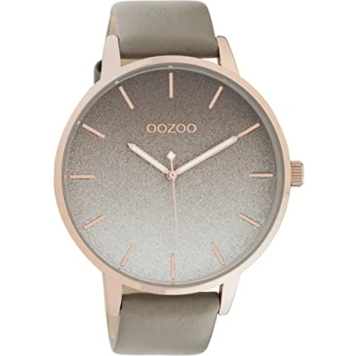 Image de Oozoo Grande montre pour femme avec bracelet en cuir et index de trait 5 minutes sur le cadran 48 mm diamètre dans différentes variantes, or rose/taupe,
