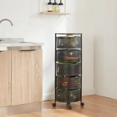 Image de [en.casa] Chariot de Service à 5 Niveaux Desserte sur roulettes avec Paniers Dépliables Meuble Rangement pour Cusine Salle Bain Bureau Acier 90 x 33 cm Noir