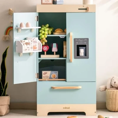 Image de ROBUD Réfrigérateur en Bois réaliste et interactif avec bac à glaçons Jouets Alimentaires, Convient aux Enfants partir de 3 Ans