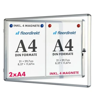 Image de Floordirekt Tableau d&#039;affichage en aluminuim, vitrine avec serrure à clé arrière magnétique Porte Cadre aluminium 2 x A4