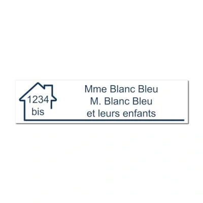 Image de Plaque gravée pour nom et numéro boîte aux lettres autocollante 10x2,5cm personnalisée 1 à 3 lignes Blanc écriture Bleue