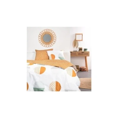 Image de TODAY Parure De Lit Double Réversible Sunshine en Coton Imprimé Cercles Blanc/Orange 240 X 260 Cm