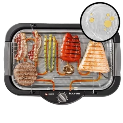 Image de Taurus Barbecue Électrique Maxim&#039;s 2400W Surface 41x24 cm Thermostat Réglable Bac à Eau Anti Fumée Utilisation Intérieure et Extérieure Chaleur Uniforme, Gris, Noir