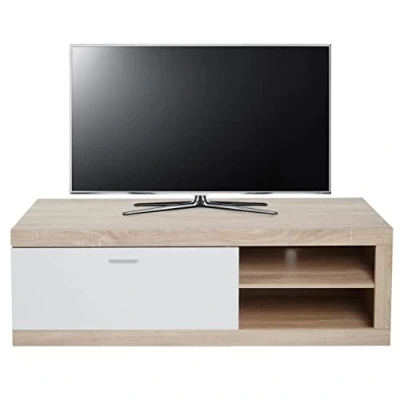 Image de Rack TV HWC L33 Table basse Armoire Commode bois 43x140x41cm Compartiment de rangement aspect chêne blanc