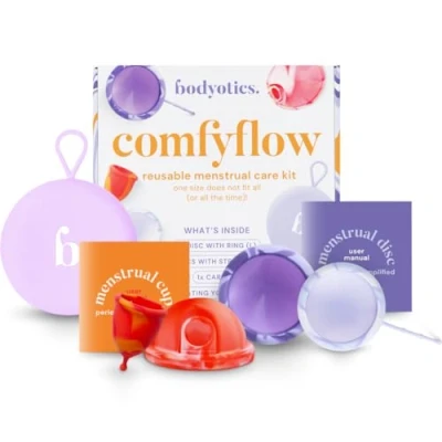 Image de Bodyotics Comfyflow Pack de soins périodiques, Coupe menstruelle et disques menstruels réutilisables avec string anneau dans un sac transport Discs Cup Comfort Fit pour une utilisation