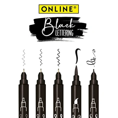 Image de Online Stylos de Calligraphie Noir, 5 différentes Tailles, avec Pinceau et Pointe Calligraphie, feutres Lettrage à la Main, Ensemble Hand Lettering, Bullet Journal, écriture