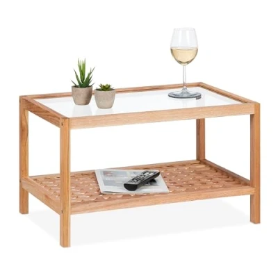 Image de Relaxdays Table d&#039;appoint, Console en Bois de Noyer et Verre, H x L P : 35 60 40 cm, pour salon, Nature