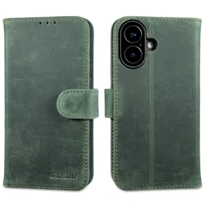Image de LENSUN Coque pour iPhone 16 Cuir Véritable, Etui à Rabat Portefeuille avec Rangements Cartes et Fermoir Magnétique Housse Compatible Apple Vert Rétro