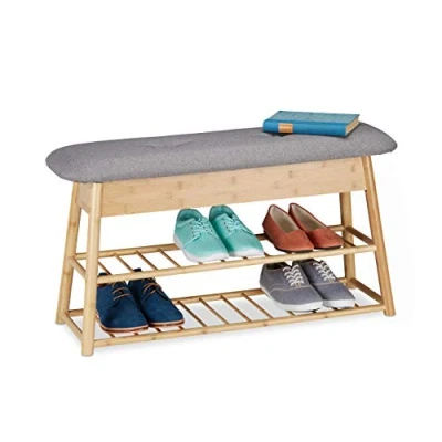 Image de relaxdays Schuhbank mit Sitzfläche und Stauraum Banc Chaussures 8 Paires, 2 étages, siège rembourré Pliable, Espace à Compartiments, Bambou, HlP 48x90x28 cm, Naturel, 1 élément