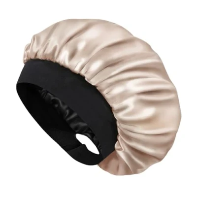 Image de Hat Hut Bonnet Satin Soie Cheveux Nuit pour Femme Homme Bouclés Naturels Large Bande réglable Double Couche (FR/ES, Alpha/Lettres, Taille Unique, Champagne)