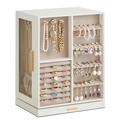 Image de SONGMICS Boîte à Bijoux Rotative 360, Coffret avec 5 Tiroirs, Fenêtres en Verre Latérales, Grand, Rangement pour Accessoires, Design Ouvert, Blanc Nuage JBC170W01