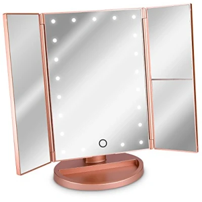 Image de Navaris Miroir Lumineux LED 3 Faces à Poser Maquillage Triptyque Pliable sur Pied avec Effet Grossissant x2 x3 Pile ou USB Rose doré