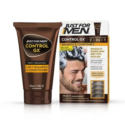 Image de Just For Men Shampooing et après shampoing Control GX 2 en 1, réduit progressivement définitivement les cheveux gris à chaque lavage, toutes nuances, 118 ml