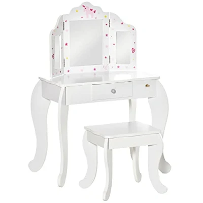 Image de HOMCOM Coiffeuse Enfant avec Tabouret, Miroir triptyque et tiroir Coulissant dim. 63L x 40l 85,5H cm Blanc Acrylique