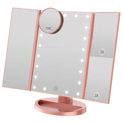 Image de WEILY Miroir de Maquillage éclairé avec grossissement 3X / 2X, 21 Nuits LED Naturelles et Interrupteur Tactile, Piles Alimentation USB cosmétique Table réglable (Or Rose)