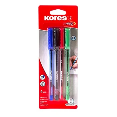 Image de Kores K1 : Stylo à Bille de Couleur, 1 mm Pointe Moyenne avec Encre Anti Salissure pour une Écriture Douce, Forme Triangulaire Ergonomique, Paquet 4 Couleurs Assorties