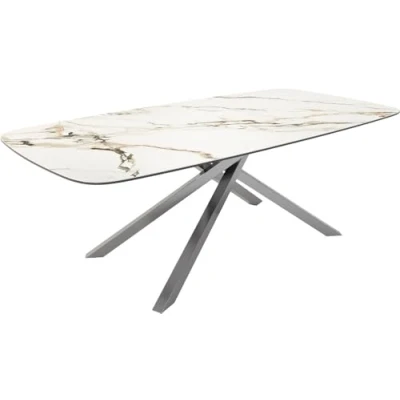 Image de Table à manger Edge en forme de bateau 240x120 céramique Calacatta Luxe blanc doré gris cadre croisé rectangulaire acier inoxydable