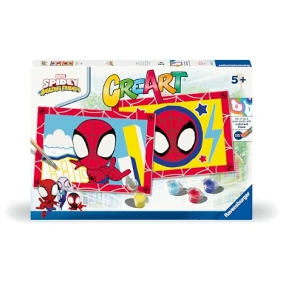 Image de Ravensburger CreArt Série Junior : Spidey, kit de peinture par numéros, contient deux planches pré imprimées, un pinceau, des couleurs, jeu créatif pour enfants 5 ans et plus