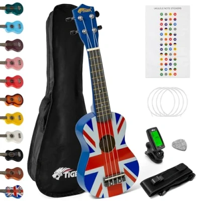 Image de TIGER UKE7 Ukulélé Soprano Pack pour débutants accordeur chromatique, courroie, sac de transport, autocollants les notes la touche, pic en feutre, cordes rechange Union Jack Aquila