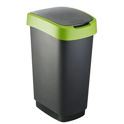 Image de CURVER Flip Bin Poubelle 10L à couvercle basculant Pour Cuisine, Bureau, Salle de Bain 18,9 x 23,5 35 cm Gris / Vert