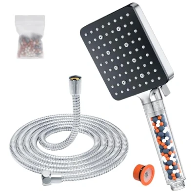 Image de Pommeau de Douche avec Tuyau 1.6m, YEAUPE PRO Economie eau 6 Modes, Carré Filtrant, Douchette Salle Bain Haute Pression Anti Calcaire, Chromé