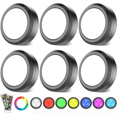 Image de MOUJUCHI eclairage led cuisine sous meuble, 6 PCS RGB spot sans fil lampe de placard lumiere avec télécommande et fonction minuterie Noir